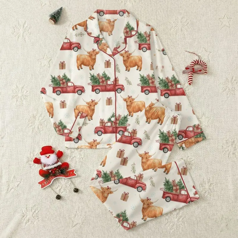 Whimsical Highland Cow Lovers' Creamy Off-White Watercolor Red Truck Christmas Tree & Presents Pattern Satin Pajamas Set - 1