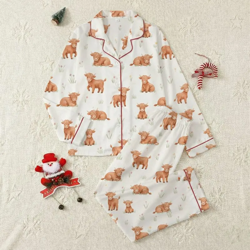 Baby & Kids' Whimsical Creamy Off-White Watercolor Highland Cow Meadow Pattern Satin Pajamas Set - 1
