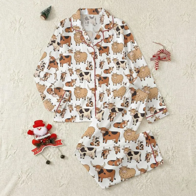 Chibi Art Fans' Hand-Drawn Cartoon Cow Pattern: Playful Calves, Longhorns, Fluffy Cows in Tan Red-Brown Black on White Satin Pajamas Set - 1