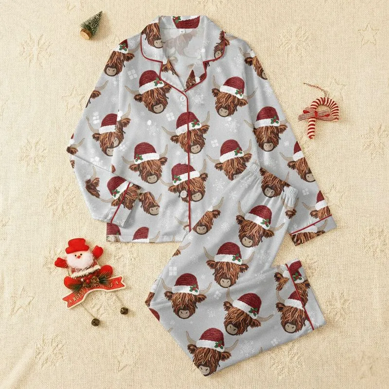 Highland Cow Enthusiasts' Textured Holiday Pattern: Shaggy Cows, Cranberry Red Santa Hats, Holly & Snowflakes Satin Pajamas Set - 1