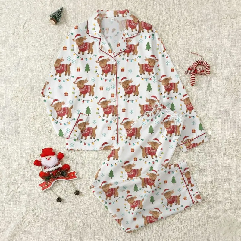 Christmas Animal Lovers Whimsical Baby Highland Cow Festive Red Fair Isle Sweater Pattern with Colorful Lights Satin Pajamas Set - 1
