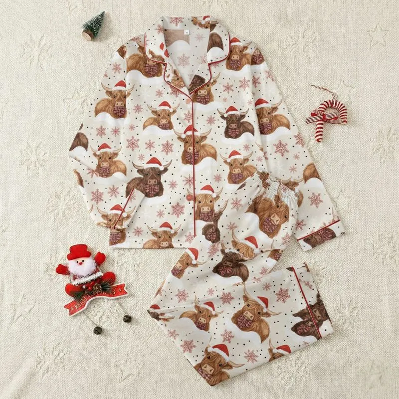 Women's Holiday Whimsical Watercolor Highland Cows, Santa Hat & Plaid Bow Ties, Snowy Red & White Flakes Satin Pajamas Set - 1