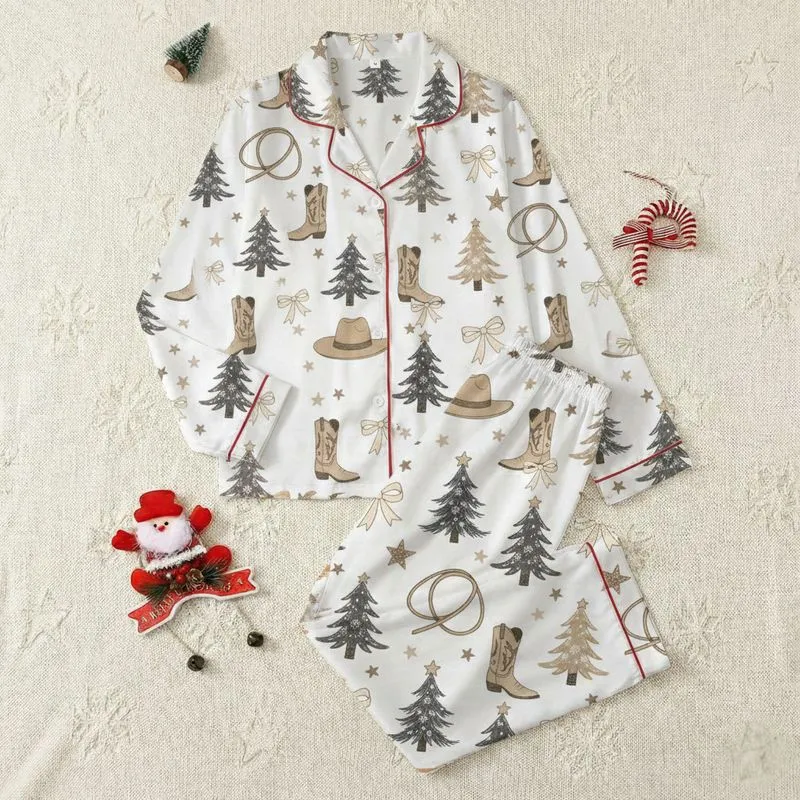 Families' Whimsical Rustic Western Christmas Pattern with Muted Brown Cowboy Boots, Hats, Pine Green Trees, & Cream Ribbons Satin Pajamas Set - 1