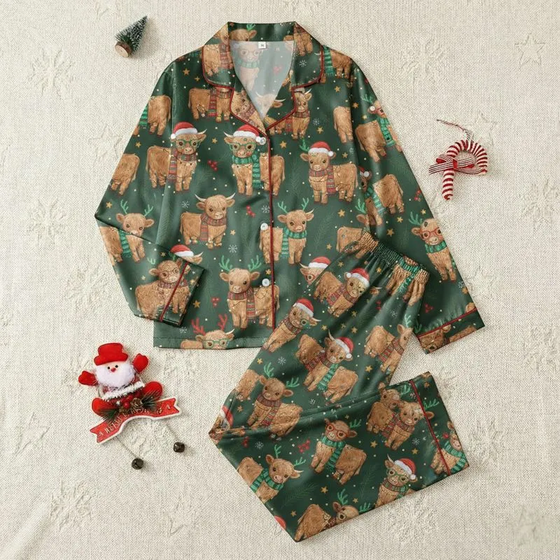Women's Whimsical Highland Calf Christmas Pattern with Red Santa Hats, Green Antlers, String Lights & Pine Berries Satin Pajamas Set - 1