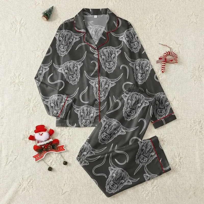 Western Lifestyle Enthusiasts' Repeating Hand-Drawn Highland Cow Heads Rustic Sketch White on Deep Charcoal Grey Satin Pajamas Set - 1