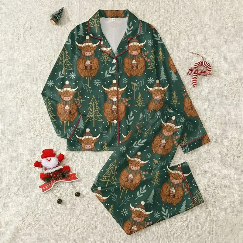 Cozy Winter Fans' Whimsical Highland Cow & Hot Cocoa Repeating Pattern, Gold Accents on Forest Green Satin Pajamas Set - 1