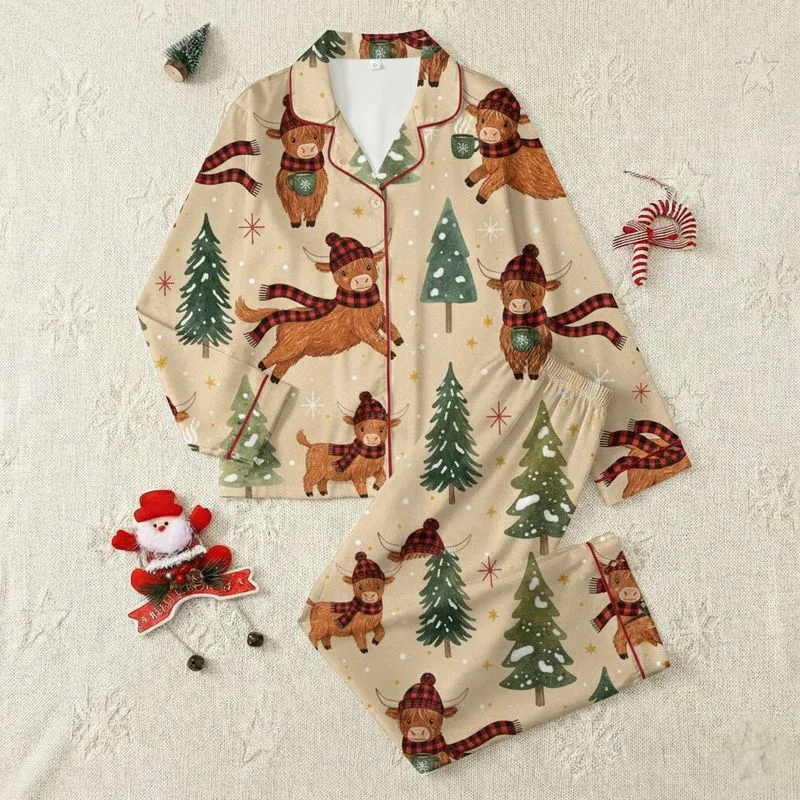 Highland Cow Lovers' Whimsical Watercolor Winter Wonderland with Red Plaid & Forest Green Pines Satin Pajamas Set - 1
