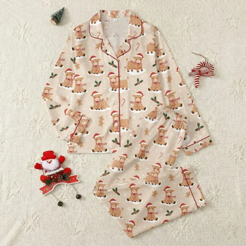 Cozy Christmas Enthusiasts' Fuzzy Highland Cow Pattern: Festive Santa Hats, Holly, Candy Canes, Gingerbread Satin Pajamas Set - 1