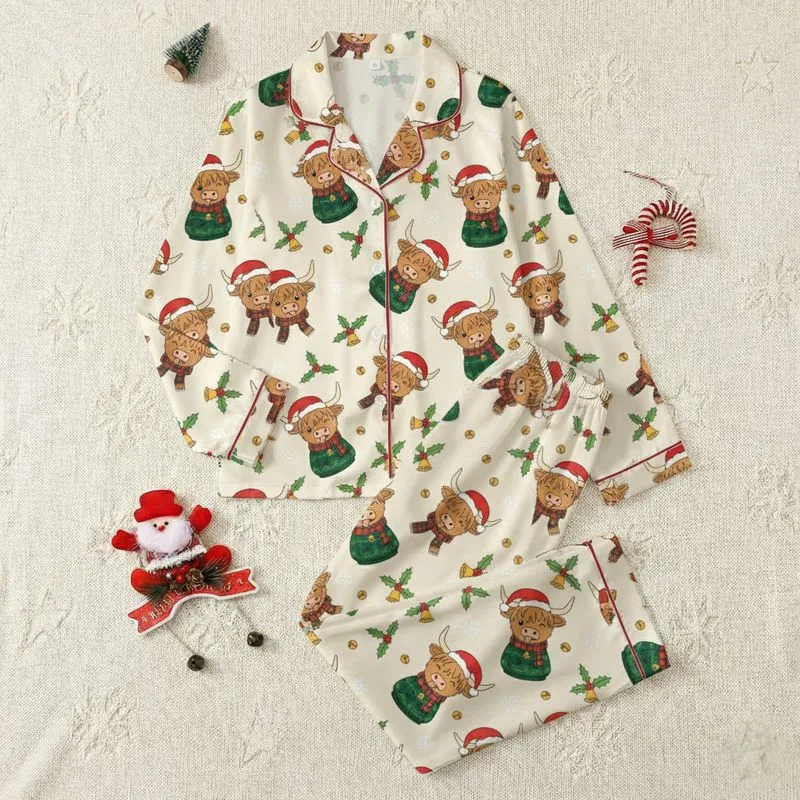 Holiday Animal Lovers Whimsical Winking Highland Cow Santa Hat Plaid Scarf Holly Snow Cream Christmas Pattern Satin Pajamas Set - 1