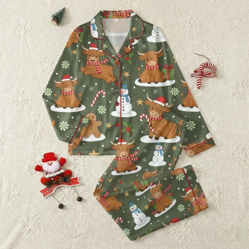 Farmhouse Christmas Enthusiasts' Festive Olive Green Pattern with Fluffy Highland Cows, Holly, & Candy Canes Satin Pajamas Set - 1
