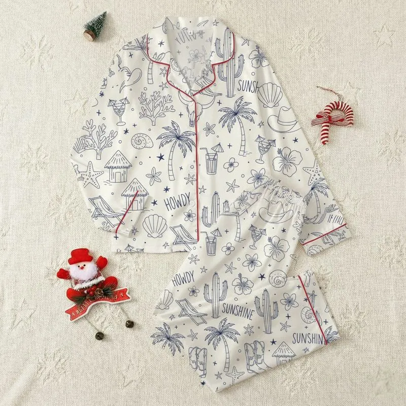 Coastal Cowgirl Style Lovers' Whimsical Hand-Drawn Cream & Navy Blue Line Art Seashells, Cactus, Cowboy Boots Pattern Satin Pajamas Set - 1