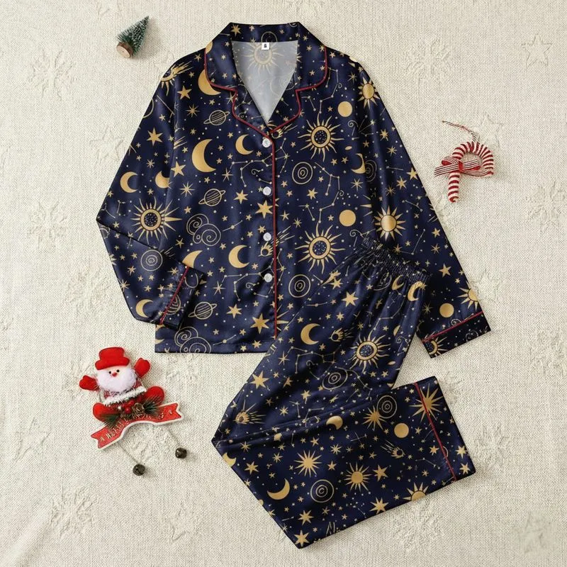 Family Whimsical Golden Yellow Celestial Suns Moons Stars Constellation Pattern Deep Navy Satin Pajamas Set - 1