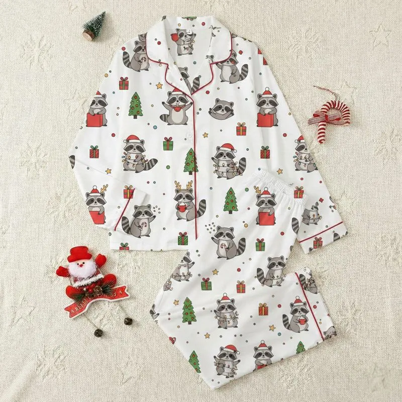 Family Holiday Whimsical Raccoon Cartoon Pattern White Background Red Santa Hats Green Trees Golden Accents Satin Pajamas Set - 1