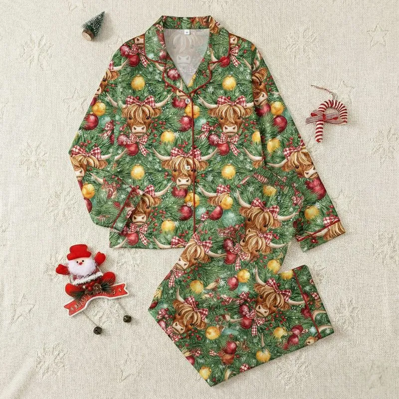 Festive Farm Animal Fans' Rustic Watercolor Highland Cow Faces, Red Holly, Forest Green Fir, Gold & Teal Ornaments Pattern Satin Pajamas Set - 1