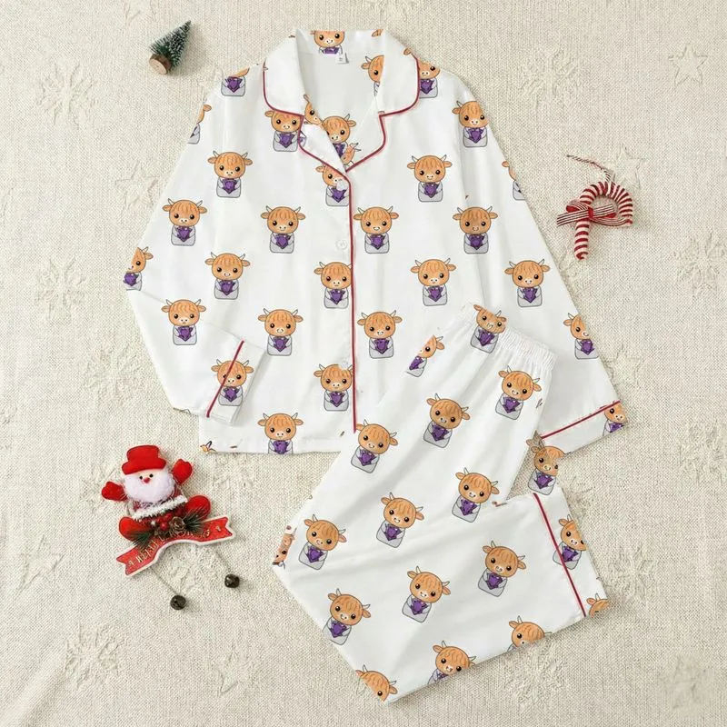 Highland Cow Lovers' Whimsical Silver Grey Baby Cow Amethyst Gem Heart Repeat Pattern Satin Pajamas Set - 1