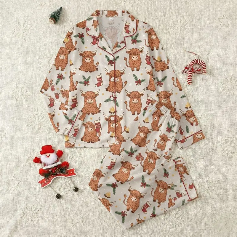 Farmhouse Style Enthusiasts Whimsical Highland Cow All-Over Pattern, Red Berries, Fir & Cream Stockings Satin Pajamas Set - 1