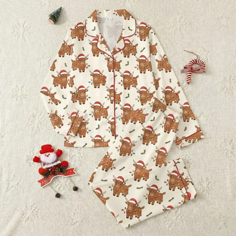 Farm Animal Lovers' Whimsical Brown Highland Cow Calves Christmas Pattern Red Santa Hats Colorful String Lights Satin Pajamas Set - 1