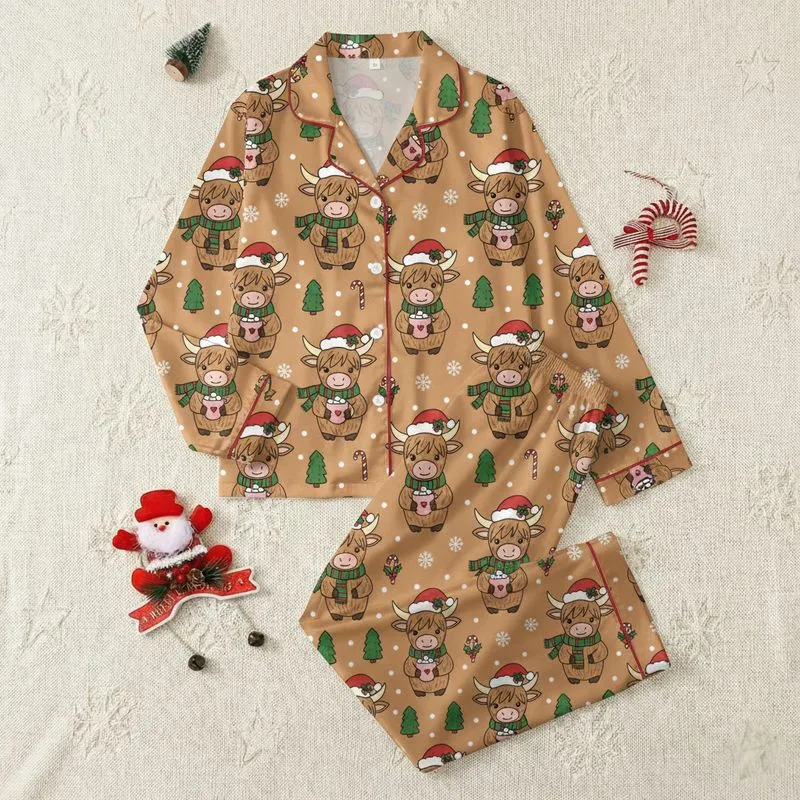 Holiday Cow Lovers' Charming Highland Cow Christmas Pattern with Santa Hats, Scarves, Mugs, Snowflakes & Holly Satin Pajamas Set - 1