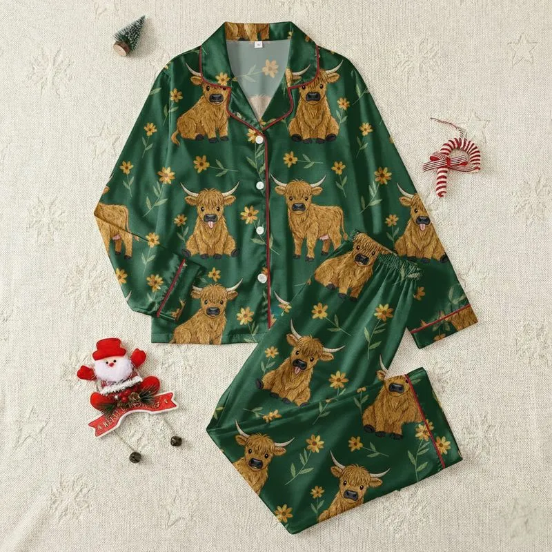 Whimsical Animal Lovers Fluffy Highland Cow Calves Wildflower Meadow Rustic Pattern, Golden Brown & Forest Green Satin Pajamas Set - 1