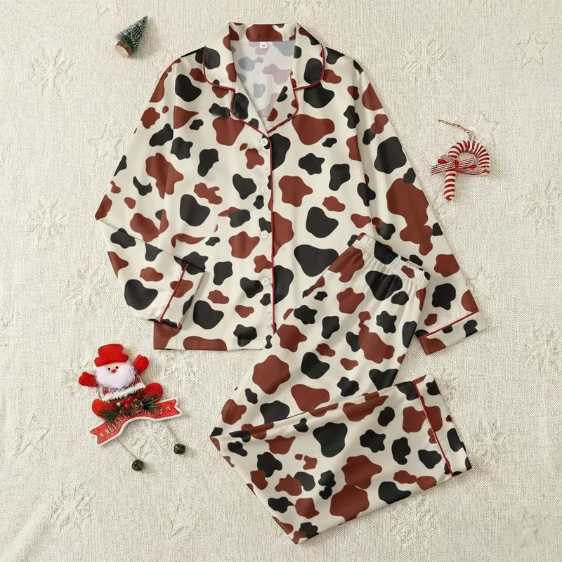 Women's Adult Seamless Black Deep Reddish-Brown Organic Cow Spots Creamy Beige Pattern Satin Pajamas Set - 1