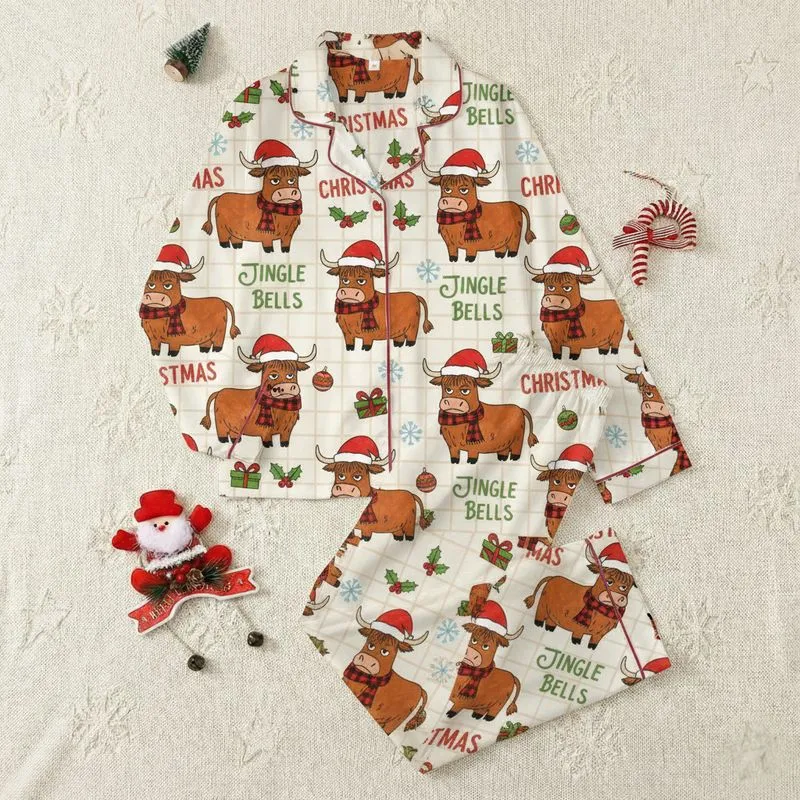 Festive Gift Givers' Grumpy Scottish Highland Cow Rustic Christmas Cartoon with Red Hats Plaid Scarves Cream Gingham Satin Pajamas Set - 1