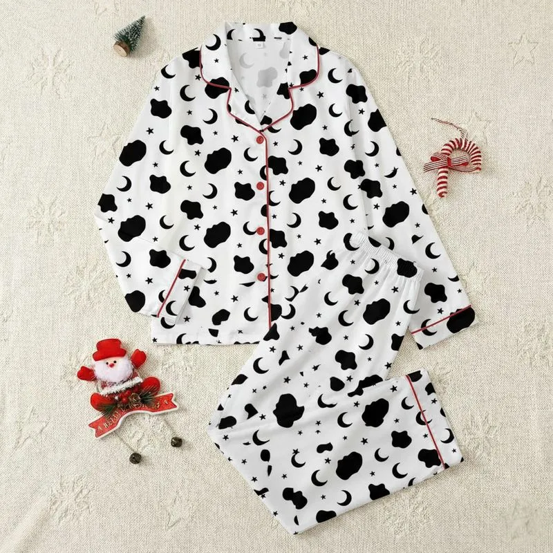 Women's Black & White Organic Cowhide Spot Celestial Moon Star Pattern Satin Pajamas Set - 1