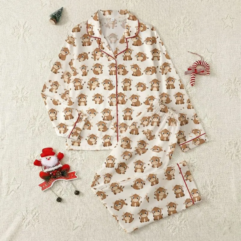 Whimsical Animal Lovers' Playful Cartoon Baby Bull Seamless Pattern in Chocolate Brown and Creamy Beige Satin Pajamas Set - 1