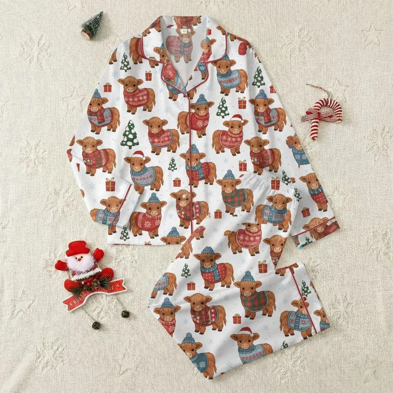Holiday Animal Lovers' Whimsical Baby Highland Cow Christmas Pattern: Festive Sweaters, Gifts & Snowflakes Satin Pajamas Set - 1