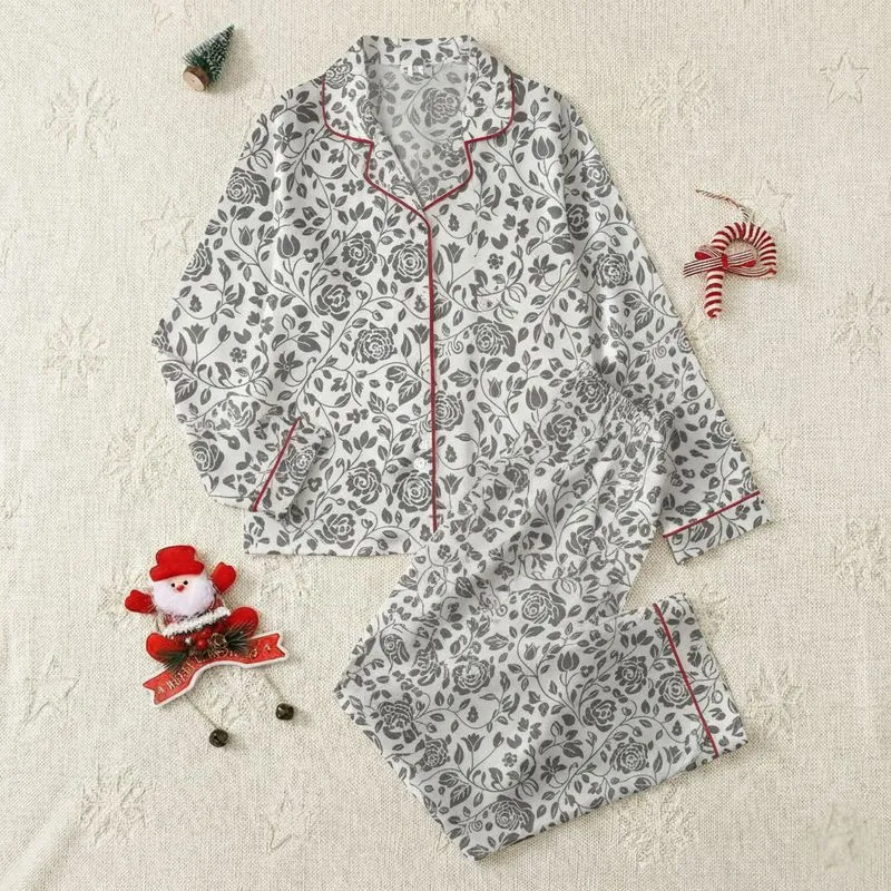 Women's Charcoal Greige Intertwined Stylized Botanical Pattern Satin Pajamas Set - 1