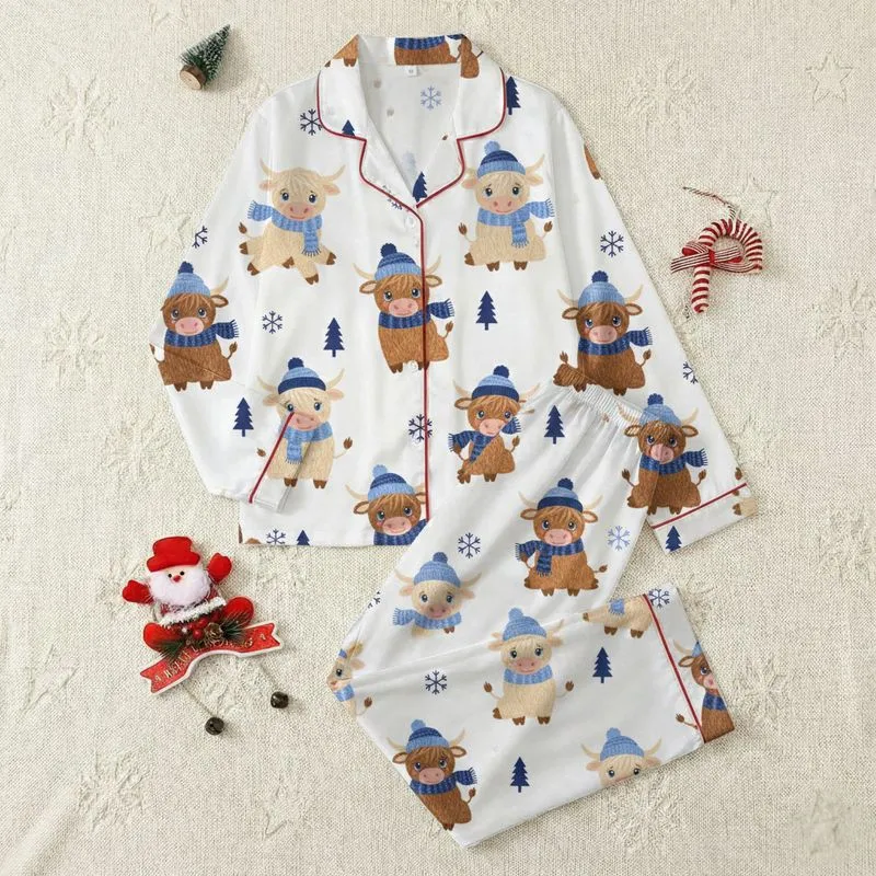 Rustic Christmas Fans' Whimsical Brown Highland Cow Blue Beanie Scarf Yarn Art Pattern Satin Pajamas Set - ysr-pa0n7e