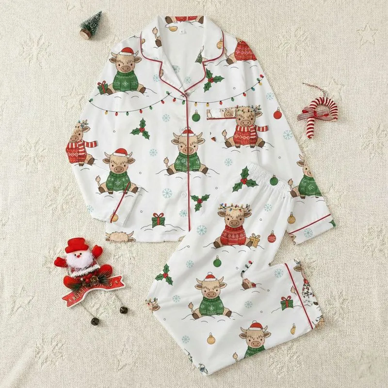 Christmas Lovers' Whimsical Fluffy Highland Cow Calves, Festive Red Green Teal Sweaters, Snowy Holly Ornament Pattern Satin Pajamas Set - 1