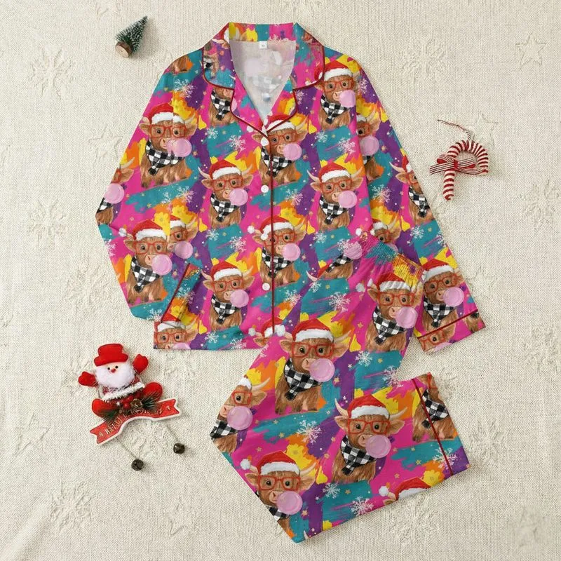 Cozy Winter Fans' Whimsical Highland Cow Santa Hat Bubblegum Paint Splatter Design Satin Pajamas Set - 1