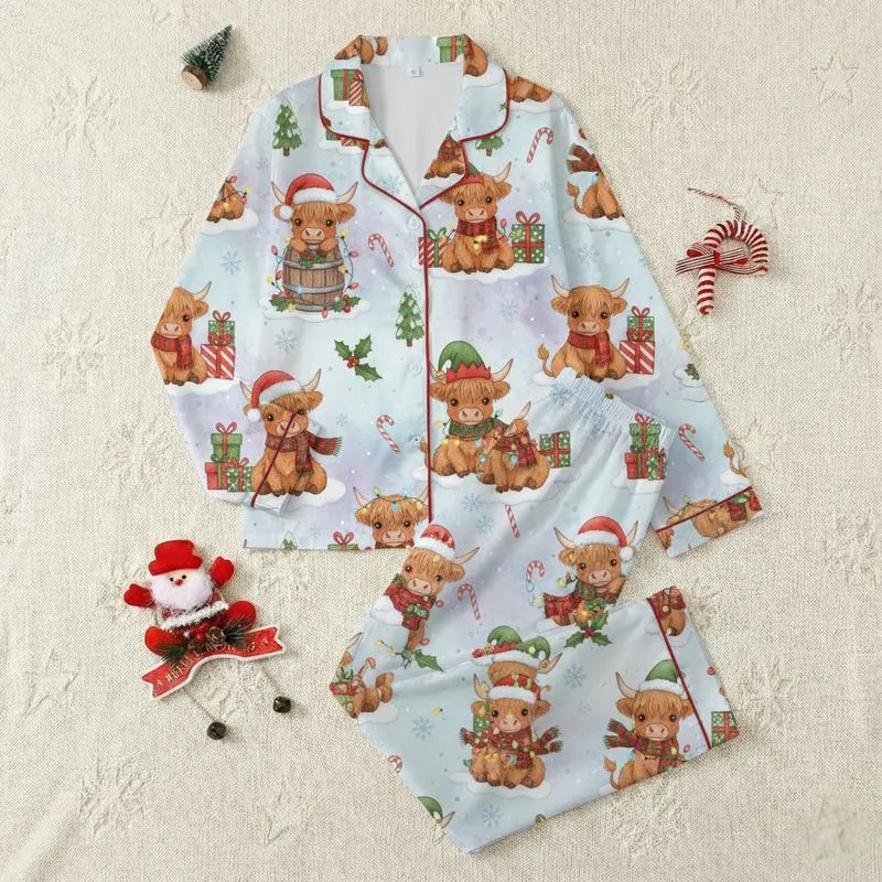 Crafters' & Makers' Whimsical Watercolor Christmas Highland Cow Pattern with Santa Hats, Plaid Scarves, Holly, and Snowflakes Satin Pajamas Set - 1