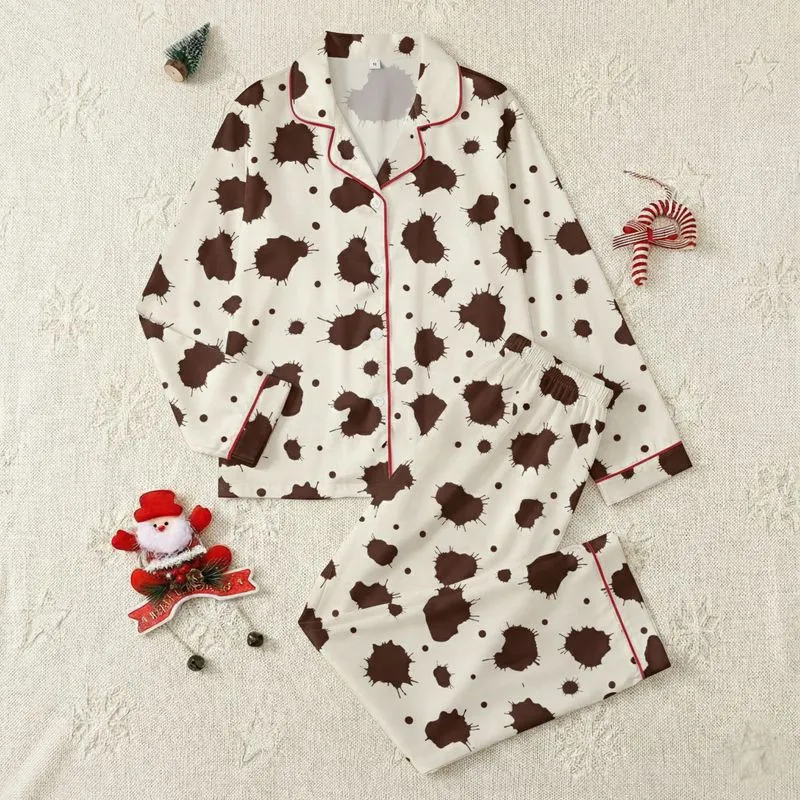 Couples' Rustic Organic Flowing Dark Chocolate & Creamy Off-White Blotches Satin Pajamas Set - 1