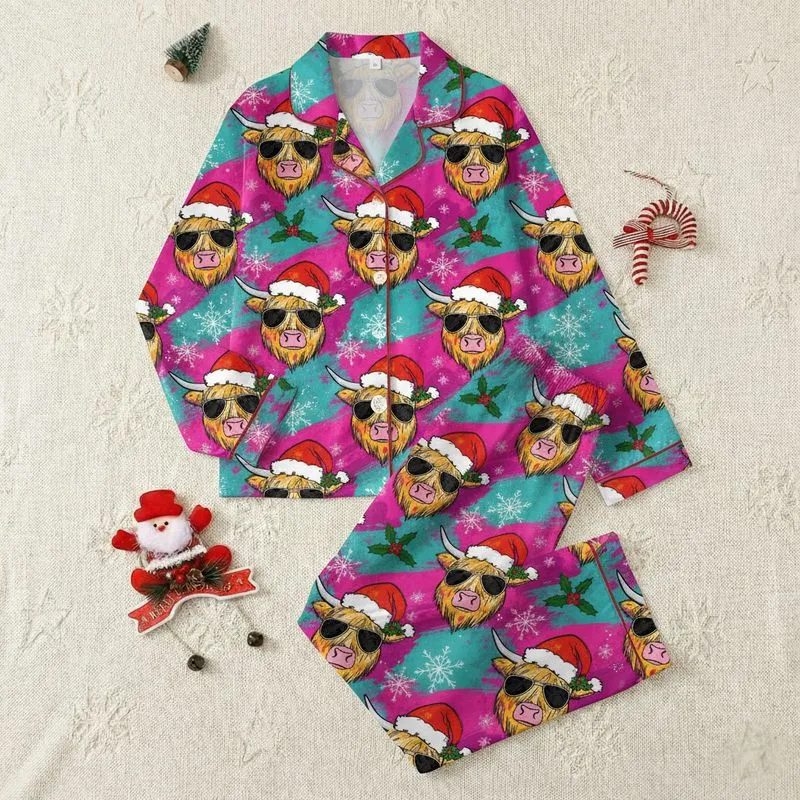 Festive Animal Art Fans' Shaggy Highland Cow Santa Hat Sunglasses Grunge Sketchy Design Magenta Teal Snowflakes Satin Pajamas Set - 1