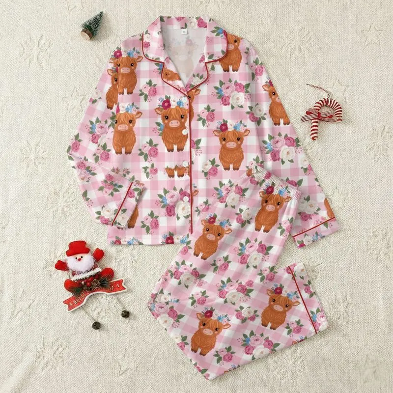 Creative Crafters' Whimsical Baby Highland Cow Fuchsia Blush Pink Peony Flower Crown Pink Buffalo Plaid Seamless Satin Pajamas Set - 1