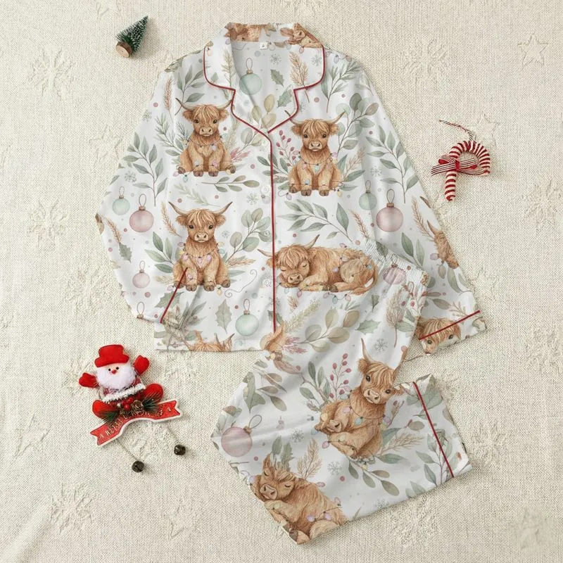 Holiday Families' Whimsical Highland Calf Christmas Lights Seamless Pattern, Muted Watercolor Botanicals & Vintage Accents Satin Pajamas Set - 1