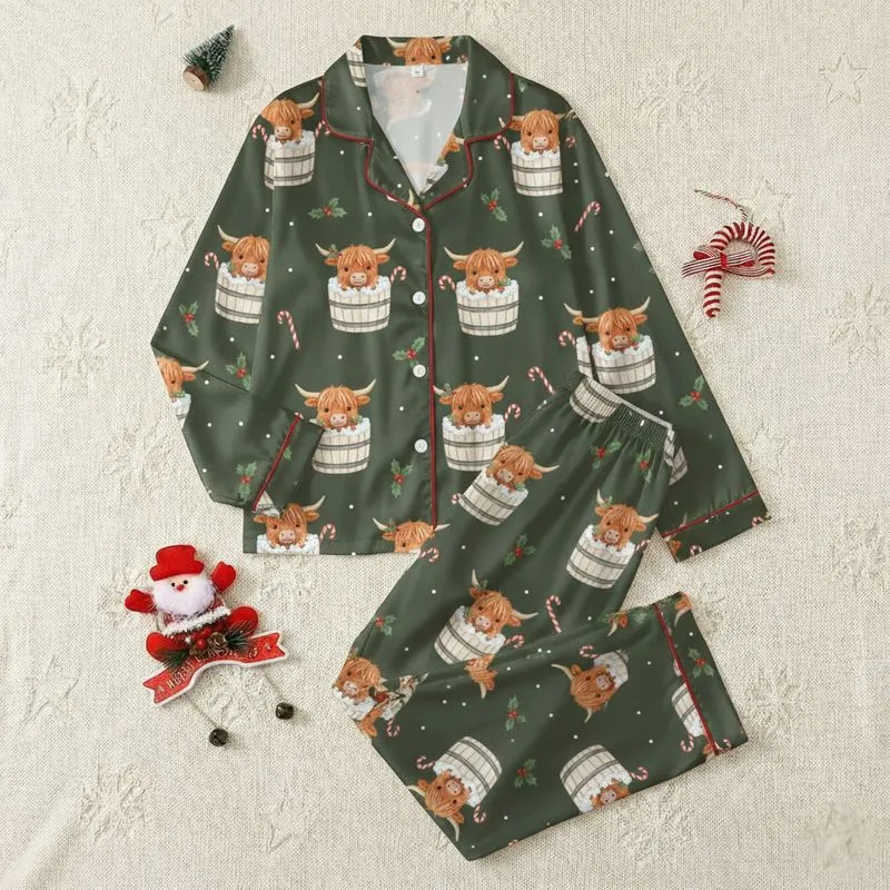 Women's Whimsical Highland Cow Christmas Olive Green Holly Candy Cane Pattern Satin Pajamas Set - 1