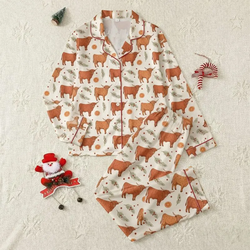 Highland Cow Lovers' Rustic Hand-Drawn Seamless Pattern with Reddish-Brown Cows, Olive Green Pine & Warm Orange Slices Satin Pajamas Set - 1