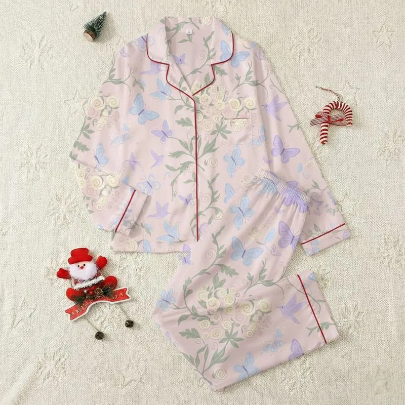 Women's Whimsical Garden Butterflies Hummingbirds Floral Rose Pink Lavender Sky Blue Sage Green Pattern Satin Pajamas Set - 1