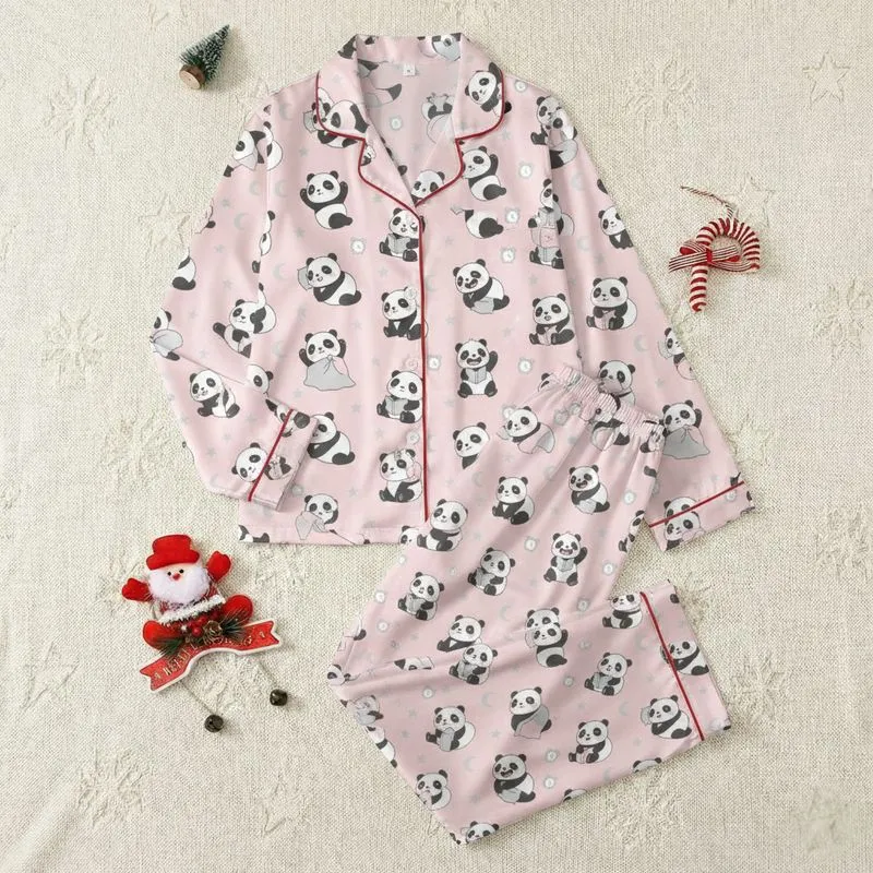 Panda Lover's Pastel Pink Dreamscape: Cute Sleepy Cartoon Panda Moons & Stars Pattern Satin Pajamas Set - 1