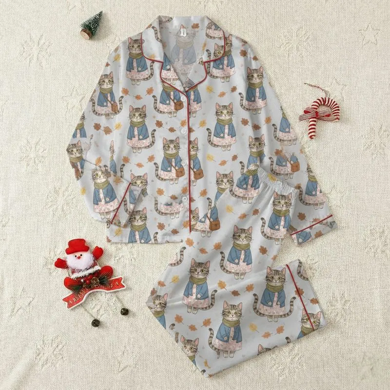 Women's Whimsical Tabby Cat Pattern with Denim Blue Jackets, Pink Floral Dresses, Autumn Leaves on Heather Grey Satin Pajamas Set - 1
