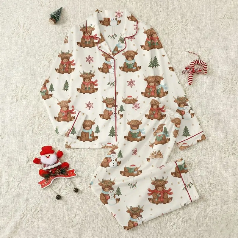 Whimsical Highland Cow Winter: Festive Snowy Fun with Hot Cocoa & Storybooks Satin Pajamas Set - 1