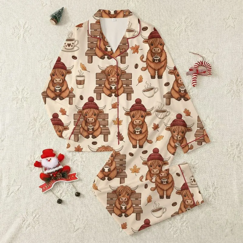 Highland Cow & Coffee Lovers' Whimsical Fluffy Cows, Red Beanies, Coffee Cups, Autumn Leaf Pattern Satin Pajamas Set - 1