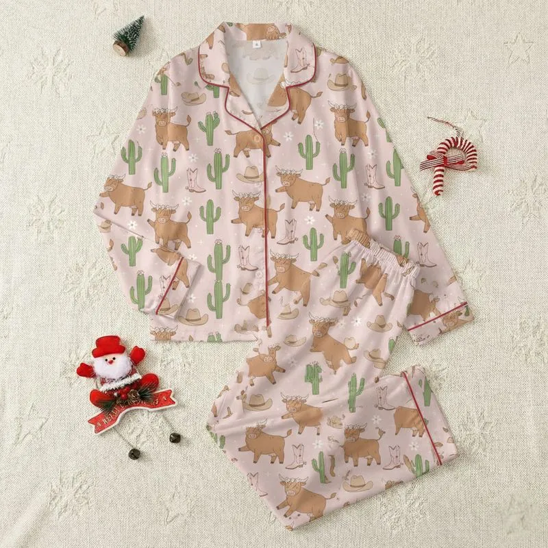 Country Style Women's Whimsical Pale Pink Highland Cow Western Repeat with Flower Crowns, Cactus & Boots Satin Pajamas Set - 1