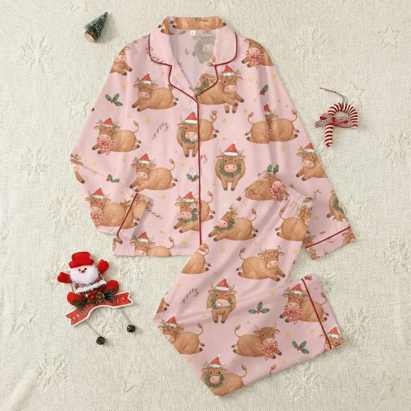 Christmas Cow Lovers' Whimsical Watercolor Fluffy Brown Cows in Red Santa Hats, Green Holly & Candy Canes, Pastel Pink Pattern Satin Pajamas Set - 1