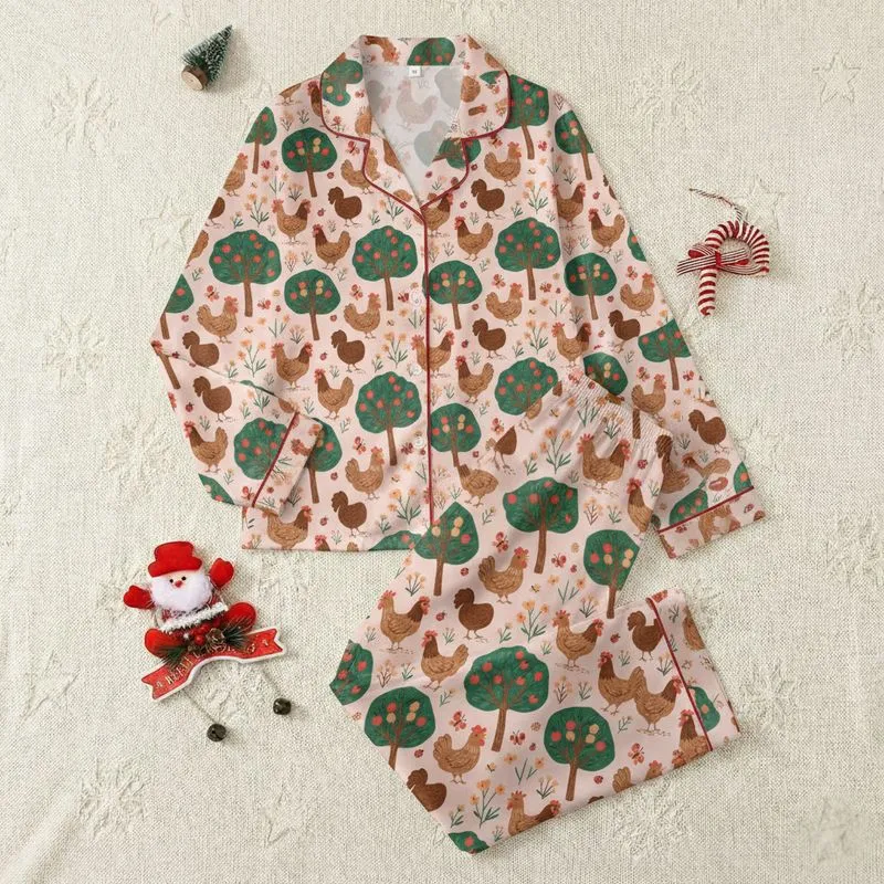 Women's Charming Folk Art Chicken Orchard Pattern with Coral Red Fruits & Wildflowers on Pale Pink Satin Pajamas Set - 1