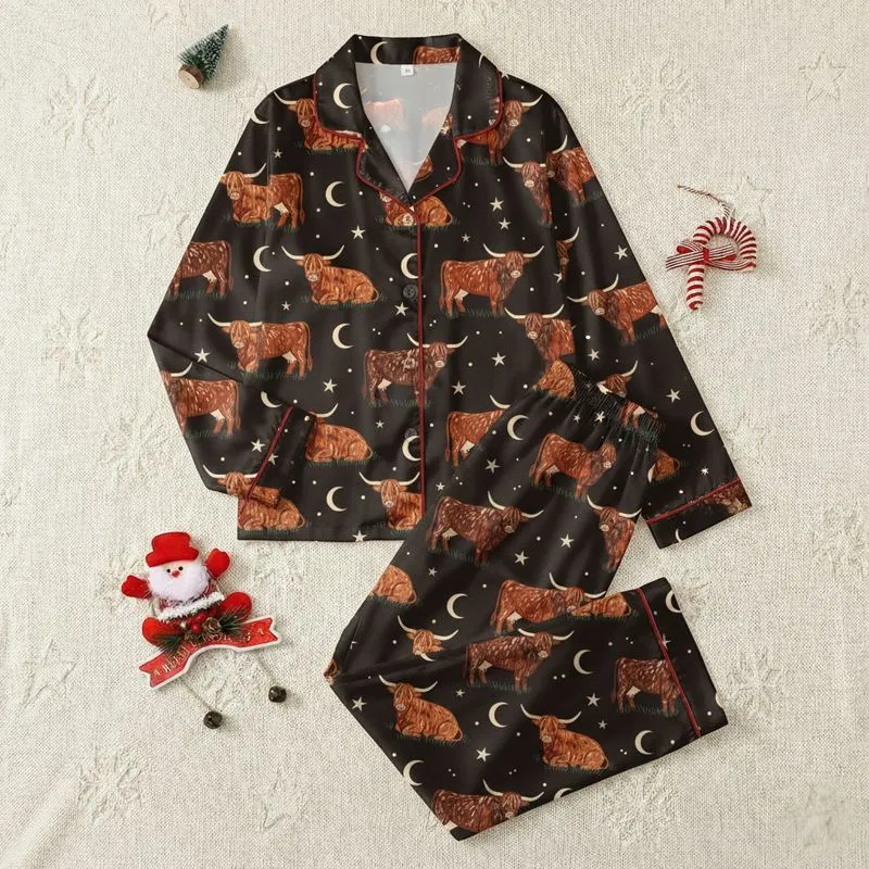 Highland Cow Fans' Whimsical Rustic Orange Fur Celestial Moon Star Nightscape Satin Pajamas Set - 1