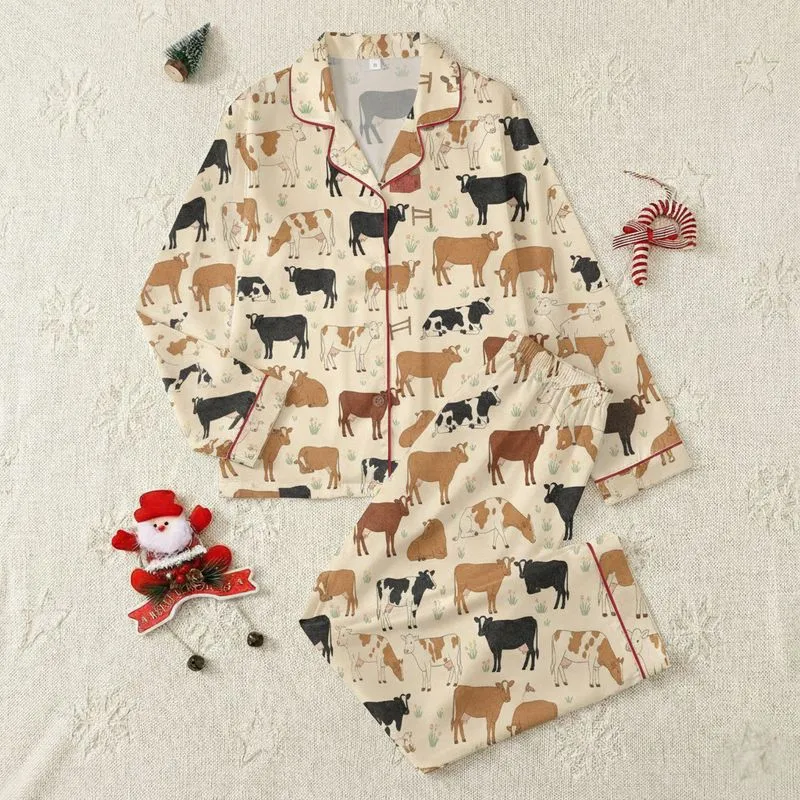 Cow Lovers' Hand-Drawn Vintage Black Angus Holstein Hereford Cattle Pastel Wildflowers Cream Print Satin Pajamas Set - 1