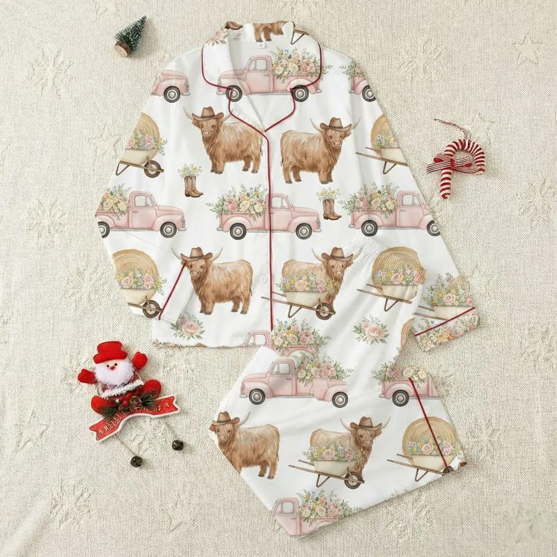 Country Aesthetic Enthusiasts' Watercolor Highland Cow Cowboy Truck Floral Hay Bale Repeat Design Satin Pajamas Set - 1